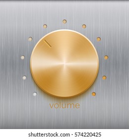 Volume button, sound control, music knob with golden brushed texture and point scale isolated on metal texture background