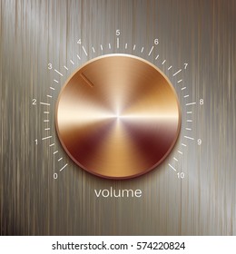Volume button, sound control, music knob with bronze or golden brushed texture and number scale isolated on bronze polished texture background