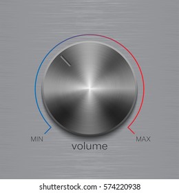 Volume button, sound control, music knob with dark metal steel brushed texture and color line scale isolated on aluminum polished texture background