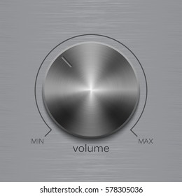 Volume button, sound control, music knob with dark metal steel brushed texture and line scale isolated on aluminum polished texture background