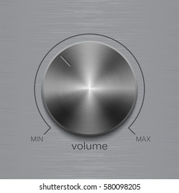 Volume button, sound control, music knob with dark metal steel brushed texture and line scale isolated on aluminum polished texture background