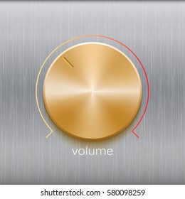 Volume button, sound control, music knob with golden brushed texture and color line scale isolated on metal texture background