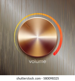 Volume button, sound control, music knob with bronze or golden brushed texture and color scale isolated on bronze polished texture background