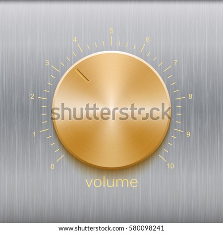 Volume button, sound control, music knob with golden brushed texture and number scale isolated on metal texture background