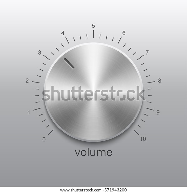 Volume button, sound control, music knob with\
metal aluminum or chrome texture and number scale isolated on gray\
background