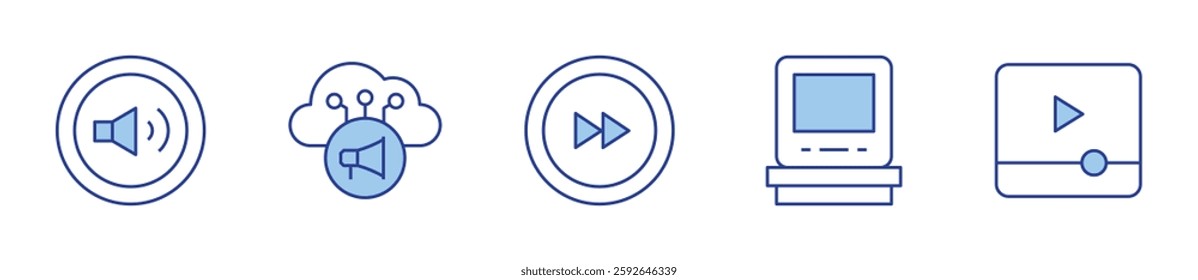 volume, cloud, video, video player, fast forward. Multimedia Icon vector illustration. Line Duotone style. Editable stroke.