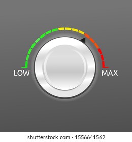 Volume control button concept with scale from low to max. Isolated vector illustration