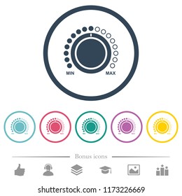 Volume control with captions flat color icons in round outlines. 6 bonus icons included.
