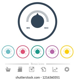 Volume control with captions flat color icons in round outlines. 6 bonus icons included.