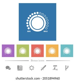 Control de volumen con leyendas de iconos blancos planos en fondos cuadrados. 6 iconos de bonificación incluidos.