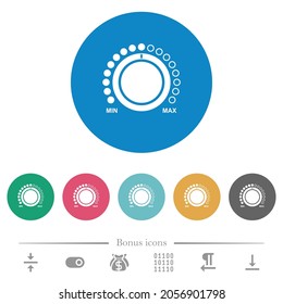 Control de volumen con títulos de iconos blancos planos en fondos de color redondo. 6 iconos de bonificación incluidos.