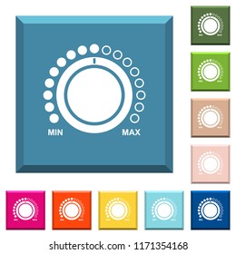 Volume control with captions white icons on edged square buttons in various trendy colors