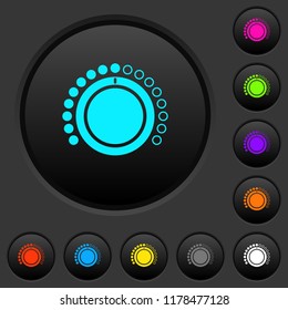 Volume control dark push buttons with vivid color icons on dark grey background