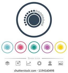 Volume control flat color icons in round outlines. 6 bonus icons included.