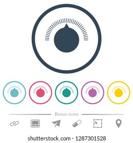Volume control flat color icons in round outlines. 6 bonus icons included.