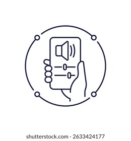 ícone de controle de volume com um telefone na mão, design de linha