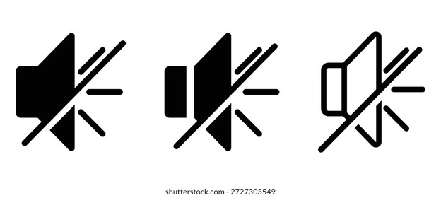 Volume control icons in filled and stock design showing muted states. Speaker mute symbol, audio off sign, no sound volume control icon for graphic design. Vector illustration isolated on white background.