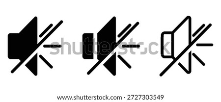 Volume control icons in filled and stock design showing muted states. Speaker mute symbol, audio off sign, no sound volume control icon for graphic design. Vector illustration isolated on white background.