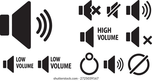 Iconos de control de volumen con niveles de sonido altos y bajos en audio de fondo blanco