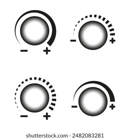 Volume control icons. Knob and scale. Adjustment vector. Black and white design.