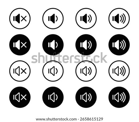 Volume Control Icons: Mute, Low, Medium, High Sound Level Symbols in Black and Outline Circles Vector.
