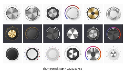 Volume control knob. Amplifier round dial level regulator, metal potentiometer knobs and audio ui knobs vector set. Minimum and maximum sound panel for electronic equipment or audio technology