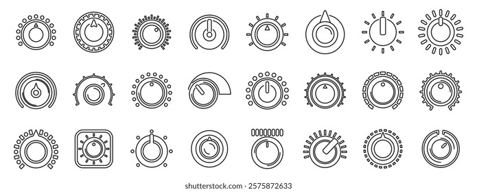 Volume control knobs icons set. Collection of diverse rotating knobs and dials, symbolizing precise control and adjustments in various settings