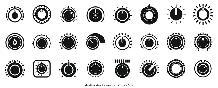 Volume control knobs icons set. Collection of simple black round turning switches, sound or multimedia settings, audio knobs, volume regulators, control panel elements