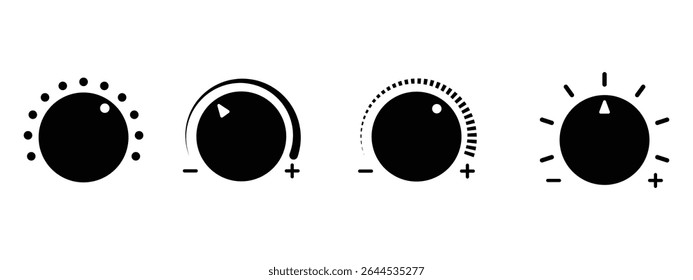 Controle de volume botões ícones definir. preto girando interruptores, interruptores de botão de alta a baixa velocidade de volume controlador definido em preto e branco cor. ilustração vetorial.