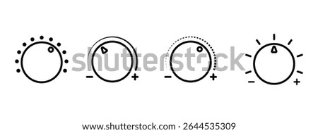 Volume control knobs icons set in line style. black round turning switches, knob switches high to low volume speed controller set in outline. vector illustration.