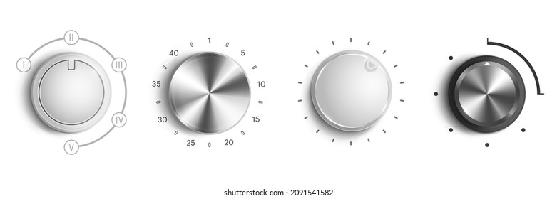 Volume control knobs, round switches with sound level dial. Vector realistic set of 3d audio tuners, metal and white circle regulators of loud or power isolated on background