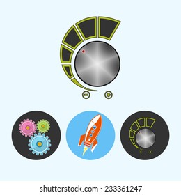 Volume control .  Set from 3 round colorful icons, gears ,  rocket ,  power control icon, vector illustration