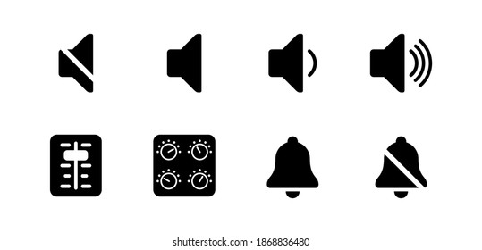 Volume control vector icons set. Level slider, sound controlling, down, up, mute, on, off isolated symbols collection