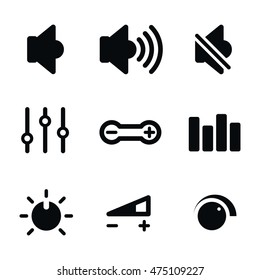 Volume control vector icons. Simple illustration set of 9 volume control elements, editable icons, can be used in logo, UI and web design