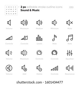 Volume Controls outline vector icons. Equaliser, Note, Levels, Mute. Perfect pixel. Editable stroke