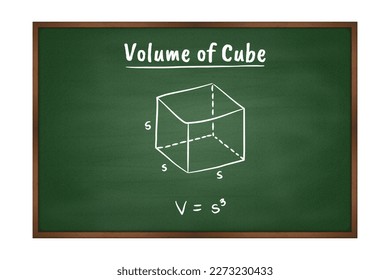 volume of Cube geometry formula on green chalkboard vector