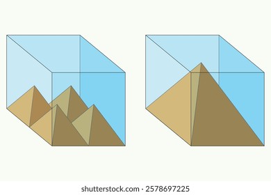 Volume of a cube. Square pyramid. Volume of water. Container filled with water. Pyramid inside a cube. Base of a cube-shaped container. Geometric shape. Mathematics, physics, chemistry, science, geome