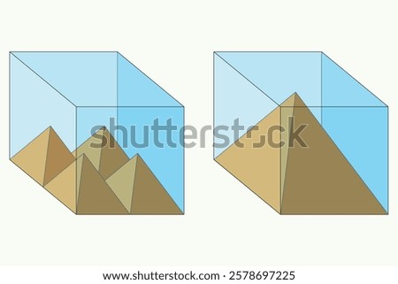 Volume of a cube. Square pyramid. Volume of water. Container filled with water. Pyramid inside a cube. Base of a cube-shaped container. Geometric shape. Mathematics, physics, chemistry, science, geome