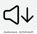 Volume Decrease Button Line icon Sound Reduce Reduction Arrow Pointing Point Down Soft Softer Quiet Level Media Multimedia Control Outline Shape Music