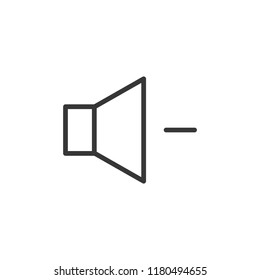 Volume decrease icon. Vector thin line speaker with a minus sign for lower sound volume control.