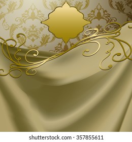 Volume drapery, curtains, blinds. The background for a still life design. gold lace pattern or Baroque, For wedding invitations, greeting cards.