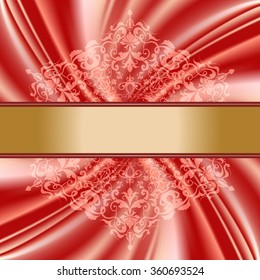 Volume drapery, curtains, blinds. The background for a still life design. Cards, labels in a wave-like fabrics and draperies, pink, red, coral color celebration, weddings, engagements.
