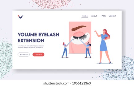 Volume Eyelashes Extension Landing Page Template. Spa Cosmetics Care Process. Tiny Masters Female Characters with Huge Tweezers Presenting Beauty Procedure. Cartoon People Vector Illustration