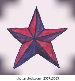 Volume five-pointed star, red with purple, painted by watercolor. Vector illustration.