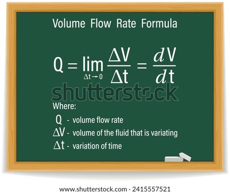 Volume Flow Rate Formula on a green chalkboard. Education. Science. Formula. Vector illustration.