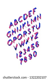 Volume font, tape. Vector. Linear, thin, contour letters. Latin font. Isometry All letters are separate. Complete alphabet with numbers. Style 80s. Alphabet.