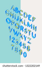 Volume font, tape. Vector. Linear, thin, contour letters. Latin font. Isometry All letters are separate. Complete alphabet with numbers. Pop art style. Alphabet.