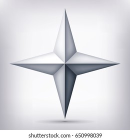 Volume four-pointed gray star, 3d object, geometry shape, mesh version, abstract vector 