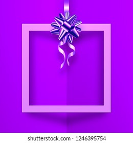 The volume frame in paper style. Bow of ribbons. On the background of the corner of the paper is curved with a shadow. Violet, pink tones. For your design and greetings. 10 eps