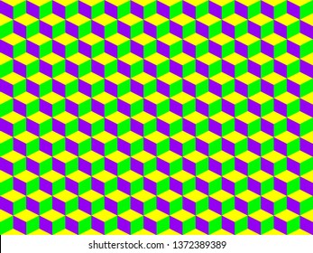 Volume geometric seamless pattern with isometric cubes. 3d vector background block texture. Abstract mosaic backdrop with repeating yellow, purple and green rhombuses. Optical illusion effects.